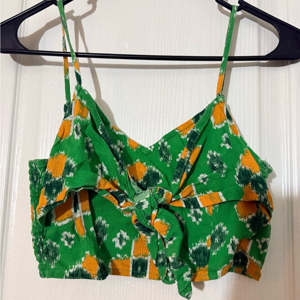 Aerie Boho Tie-Front Crop Top XS Green Orange Ikat Print